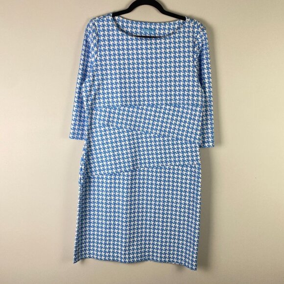 J. McLaughlin Houndstooth Nicola Dress Womens Large Blue White Catalina Cloth - Picture 1 of 10